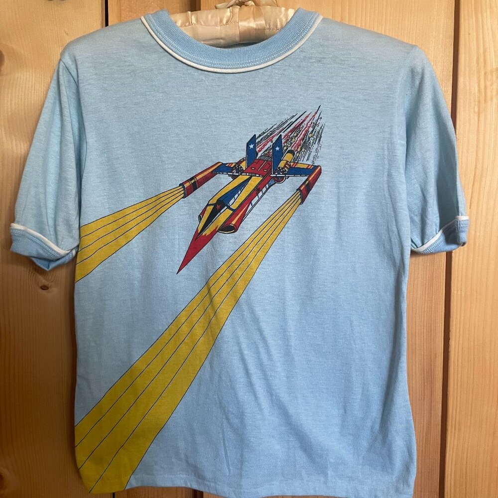 SOLD Cool Vintage 70s Baby Blue Fighter Jet Tee, T-shirt - SM